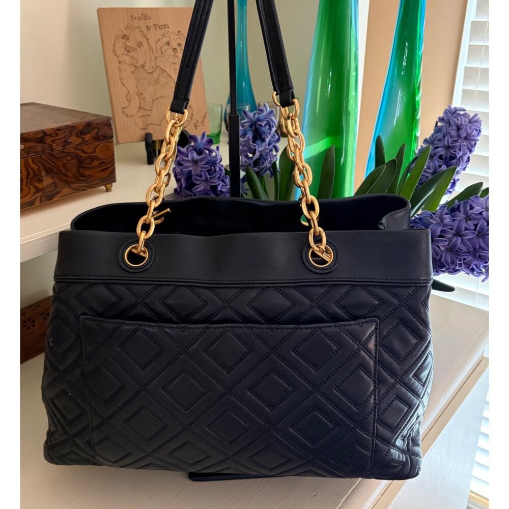 Tory Burch Fleming Quilted Leather Diamond Handbag Black Triple-Compartment Tote - Picture 7 of 14